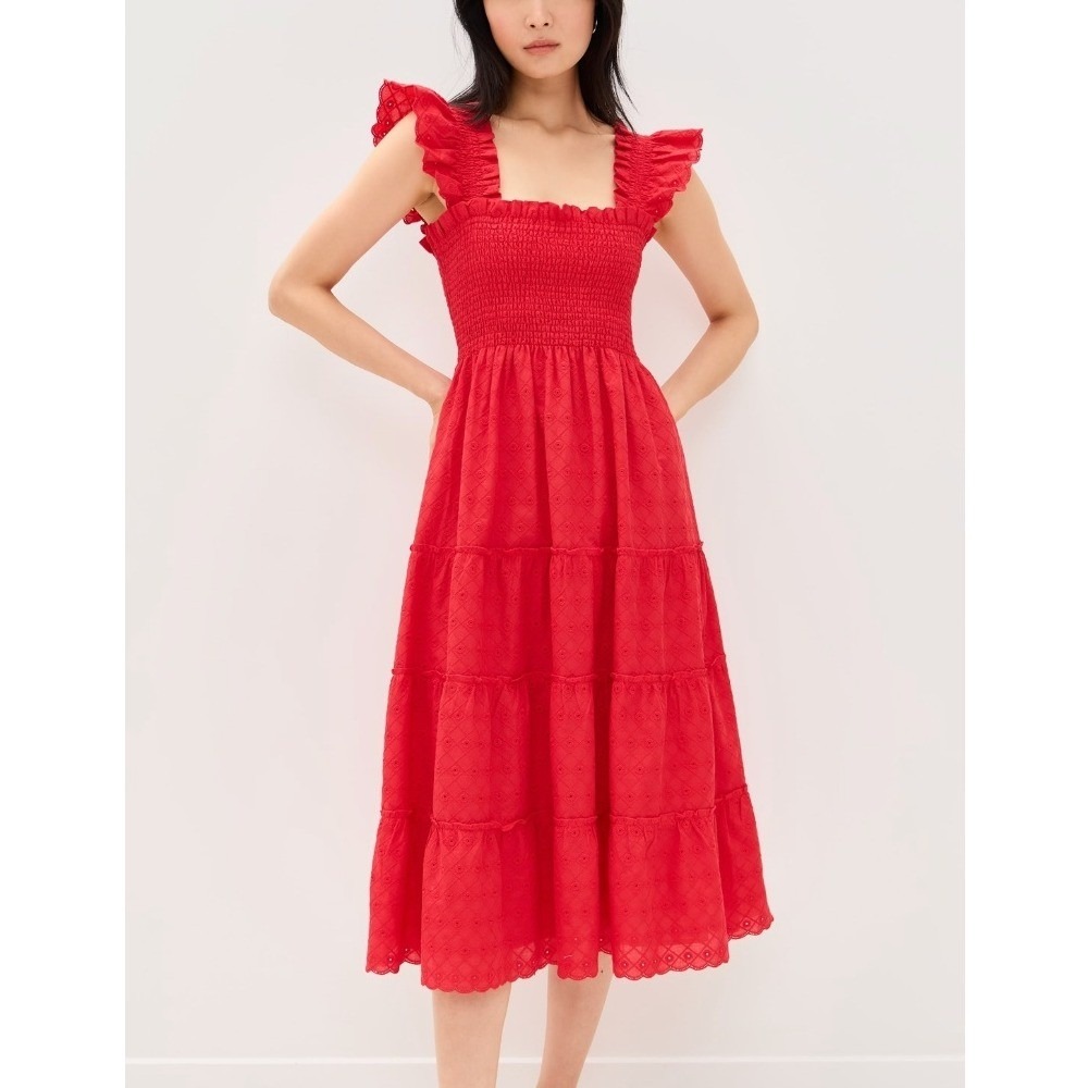 Hill House The Ellie Nap Dress Red Daisy Check Eyelet Small Smocked Midi Dress